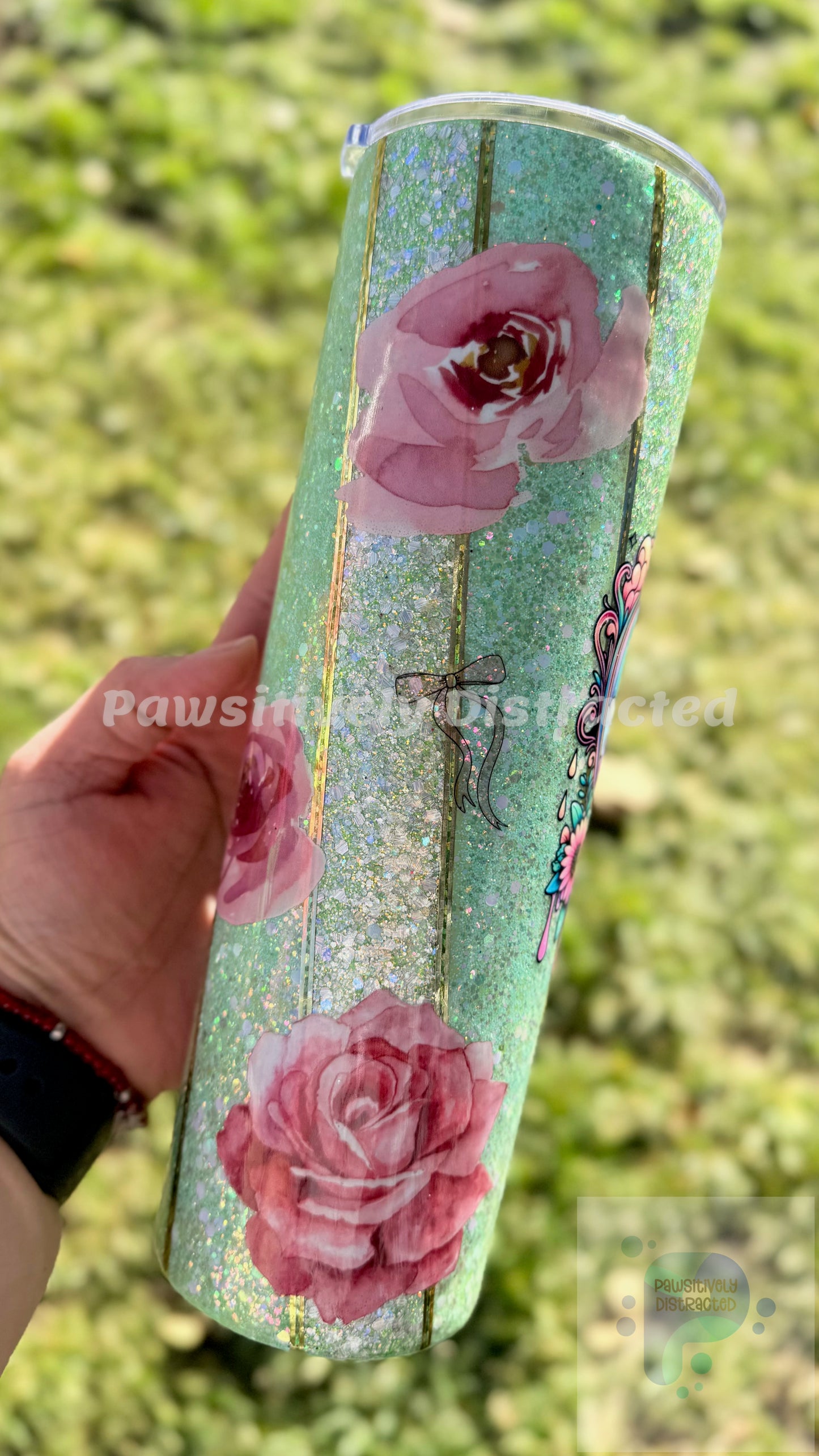 Green glitter, mix media flowers, “Living the Dream” decal 30oz Tumbler