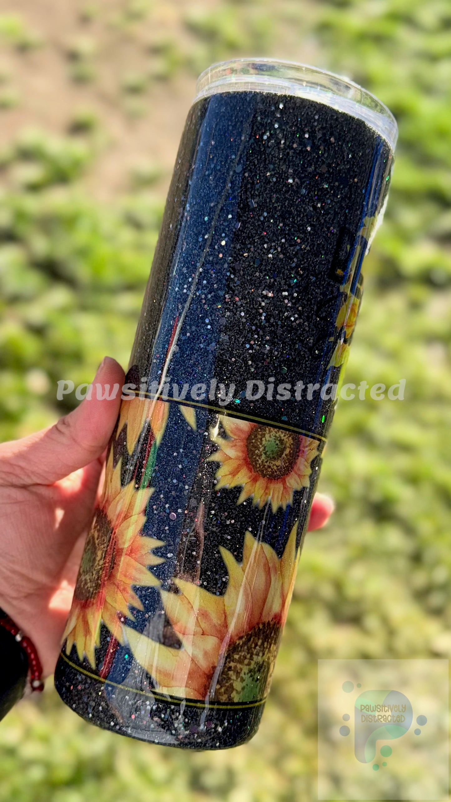 Black Glittered 20oz Tumbler with Sunflowers
