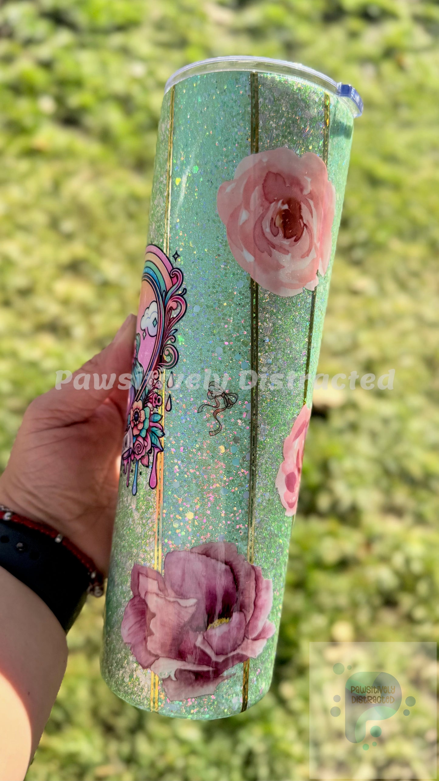 Green glitter, mix media flowers, “Living the Dream” decal 30oz Tumbler