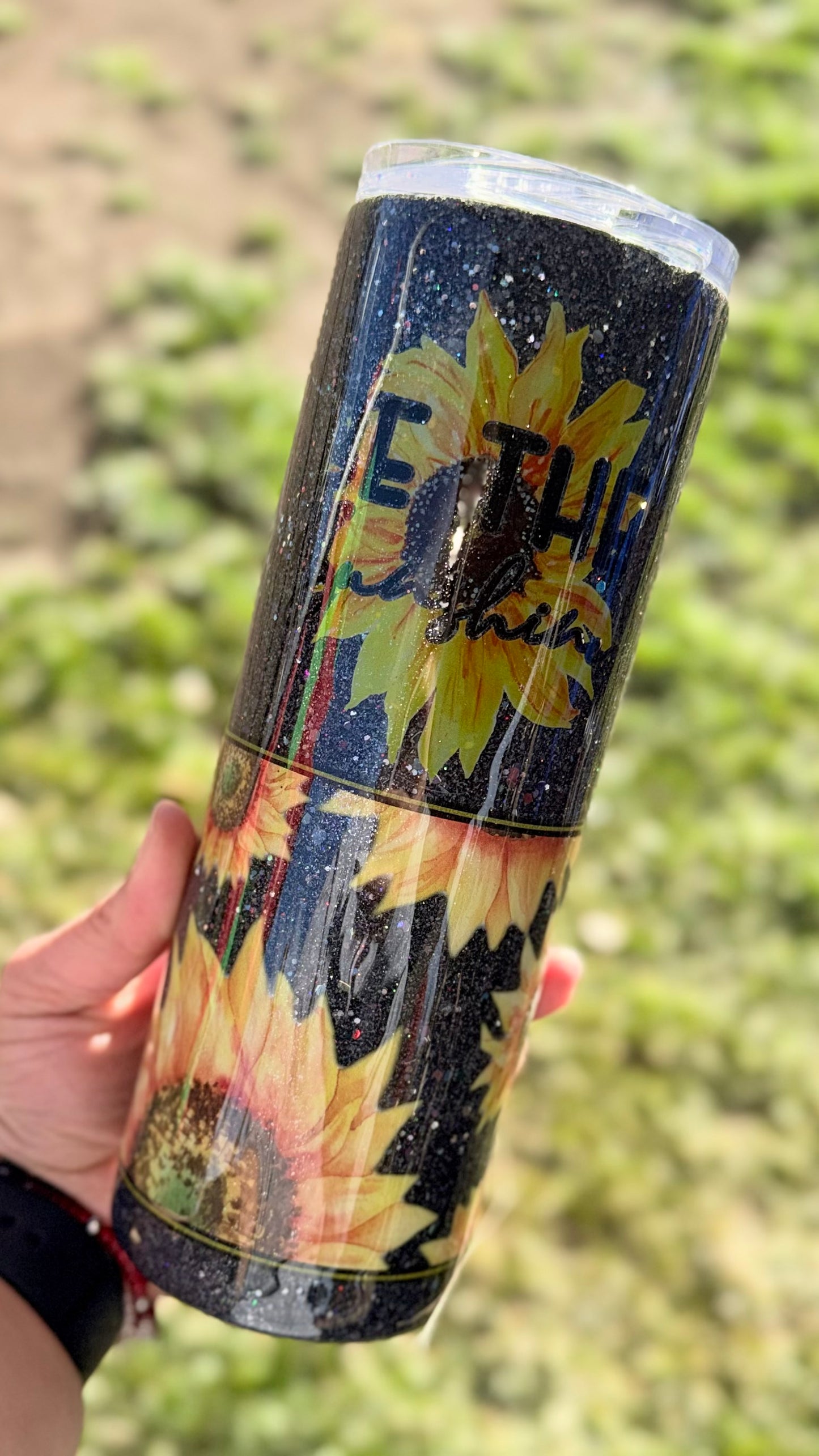 Black Glittered 20oz Tumbler with Sunflowers
