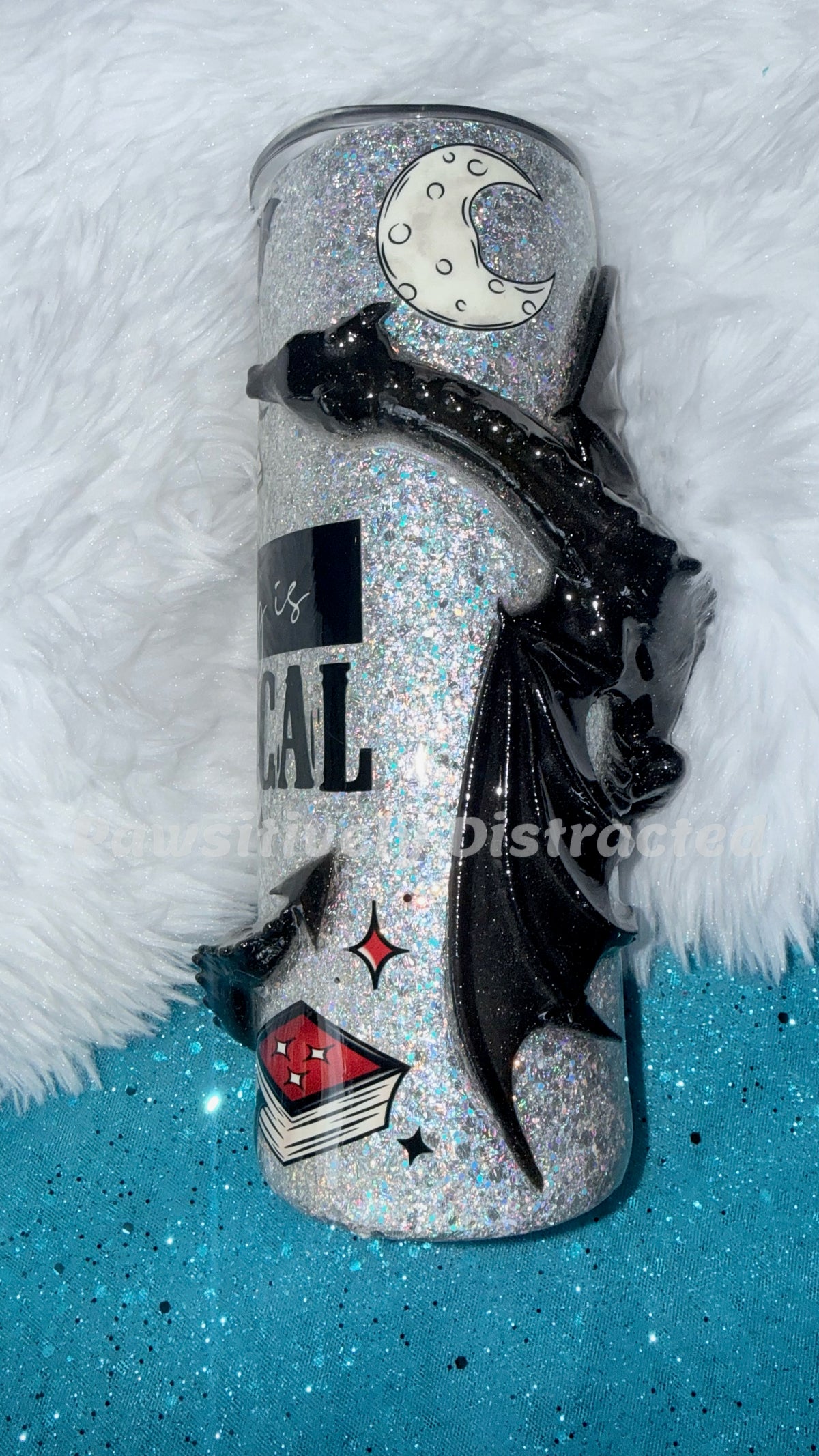 Silver glitter tumbler, 3d dragon, “reading is magical” decal and many other book related decals, 20oz Tumbler