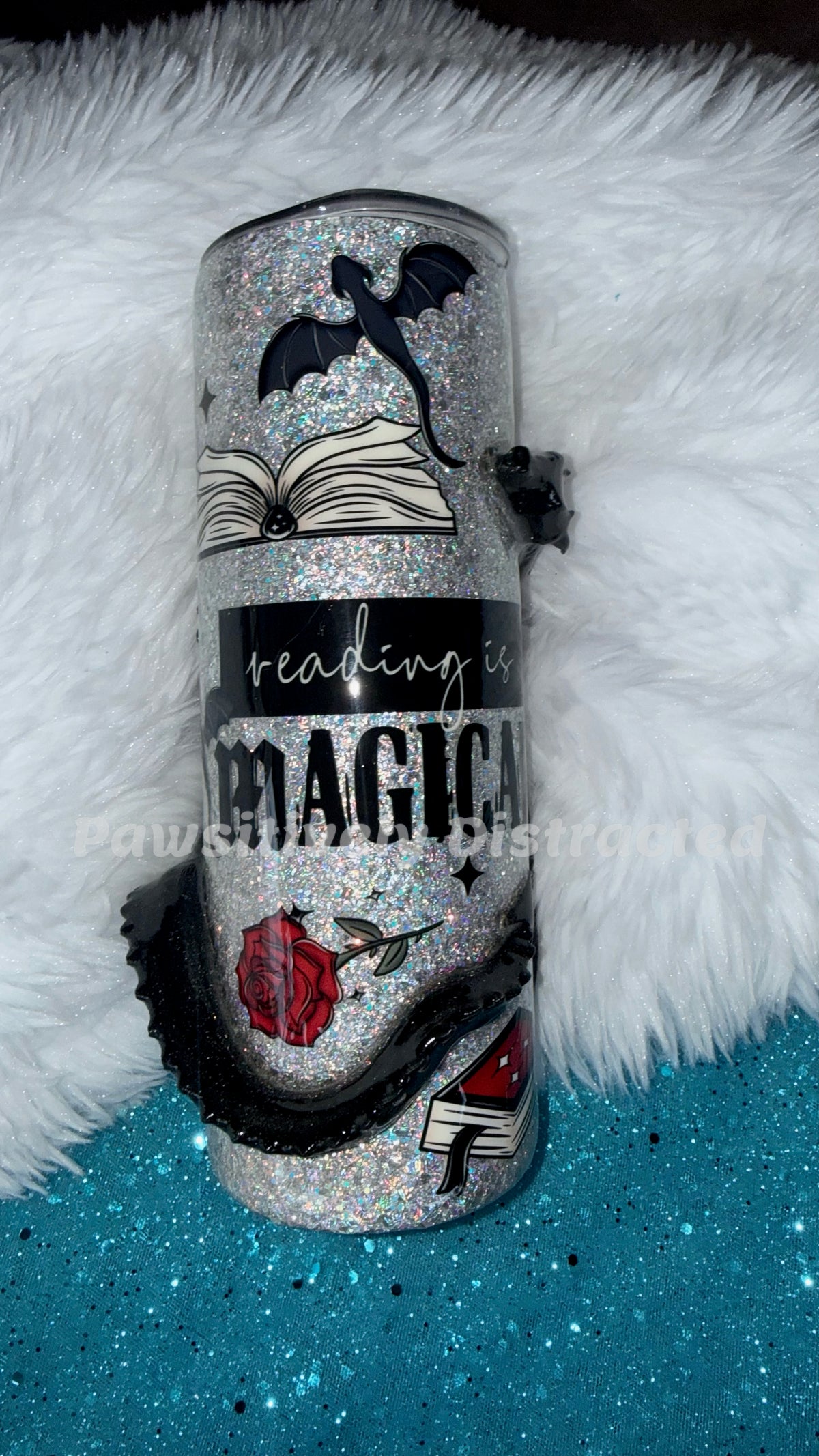 Silver glitter tumbler, 3d dragon, “reading is magical” decal and many other book related decals, 20oz Tumbler