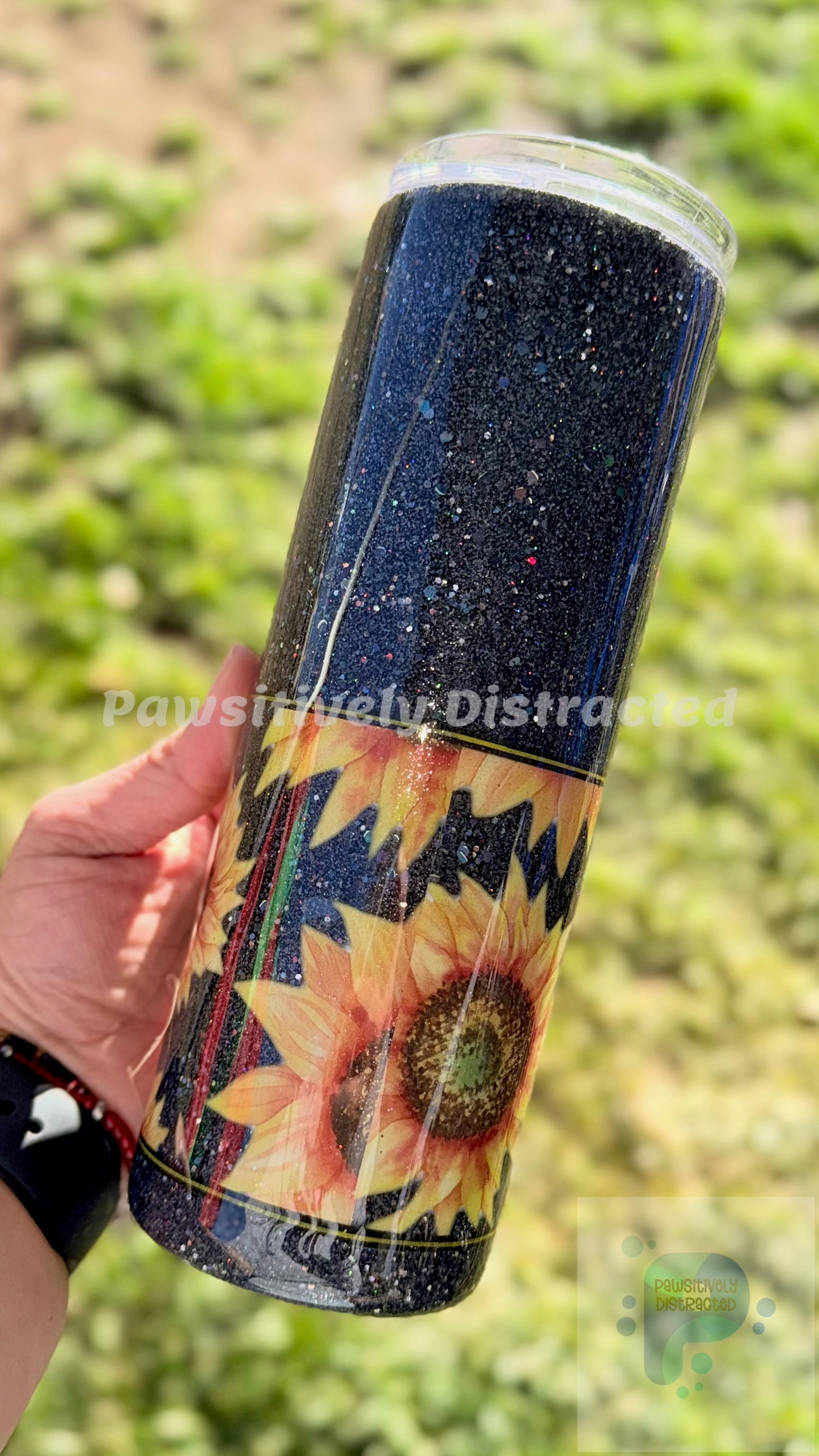 Black Glittered 20oz Tumbler with Sunflowers