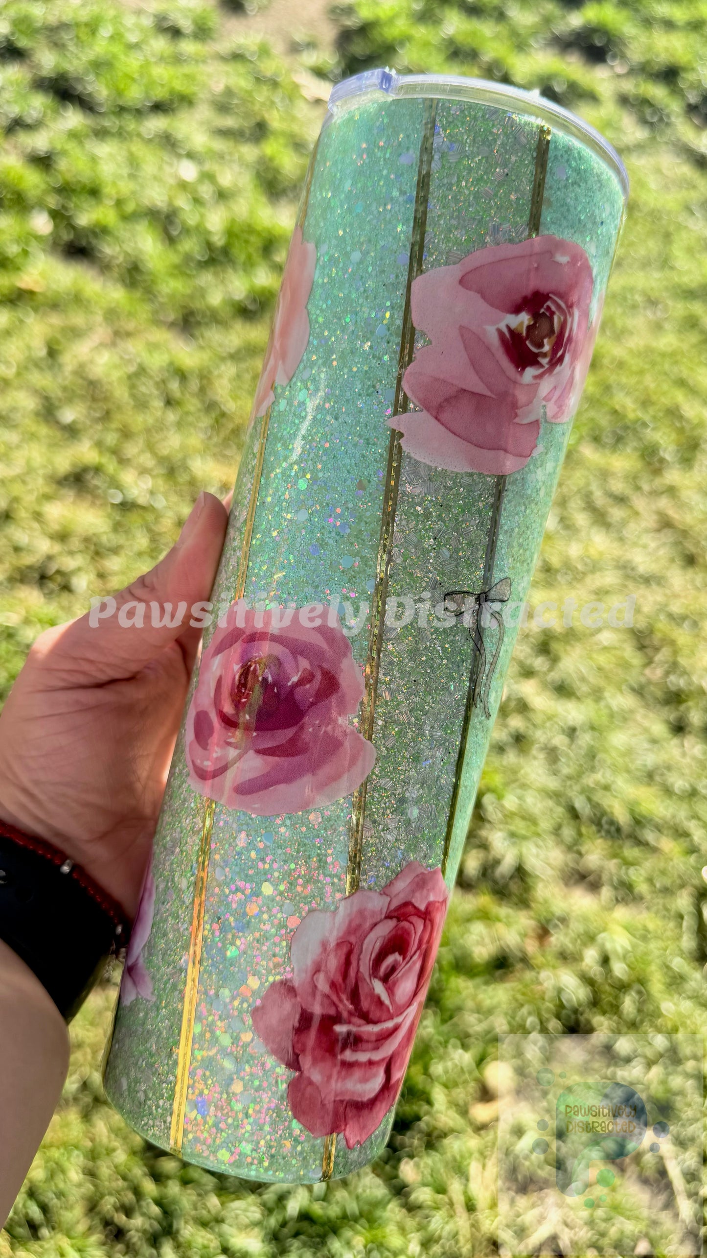Green glitter, mix media flowers, “Living the Dream” decal 30oz Tumbler