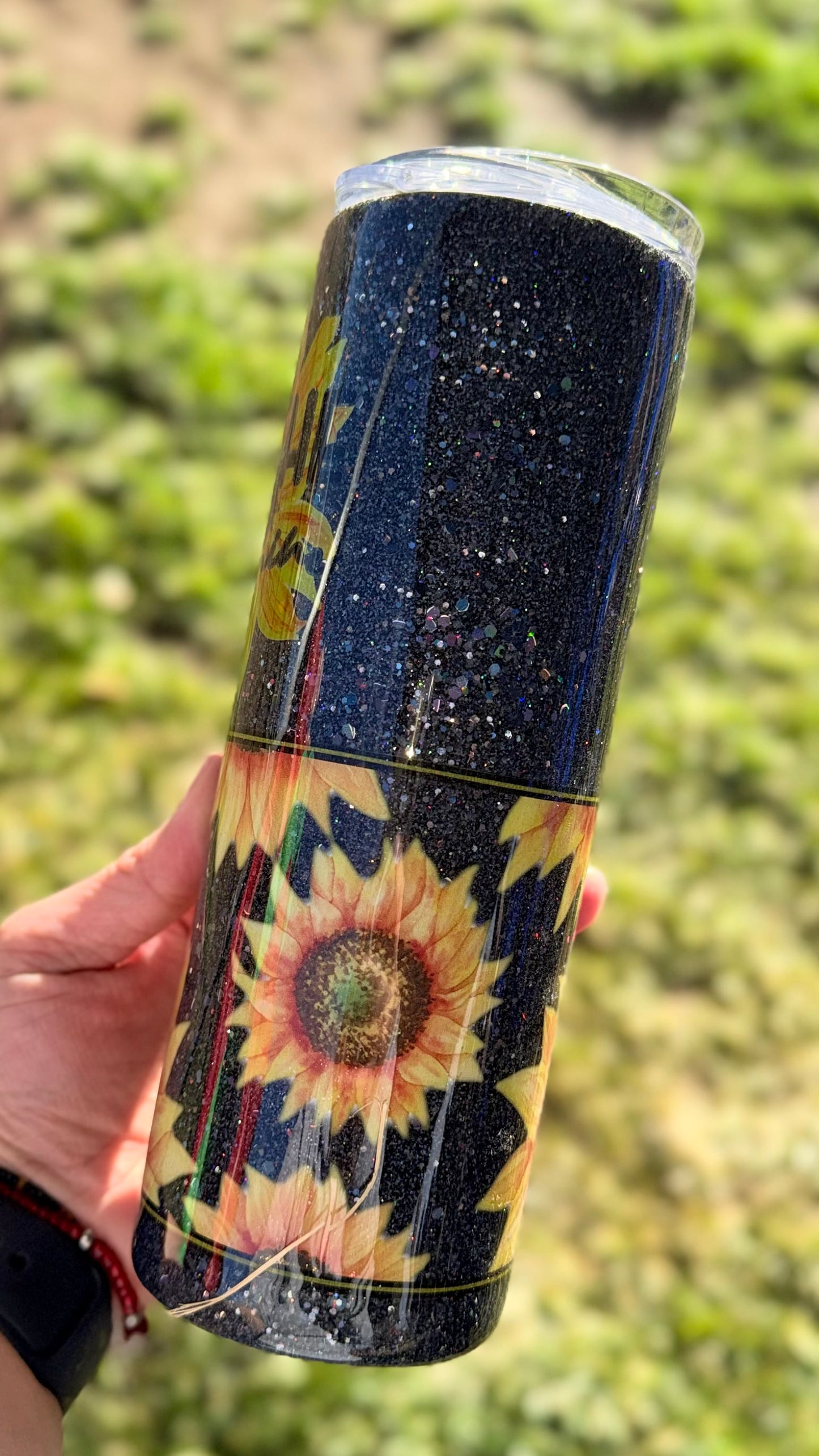 Black Glittered 20oz Tumbler with Sunflowers