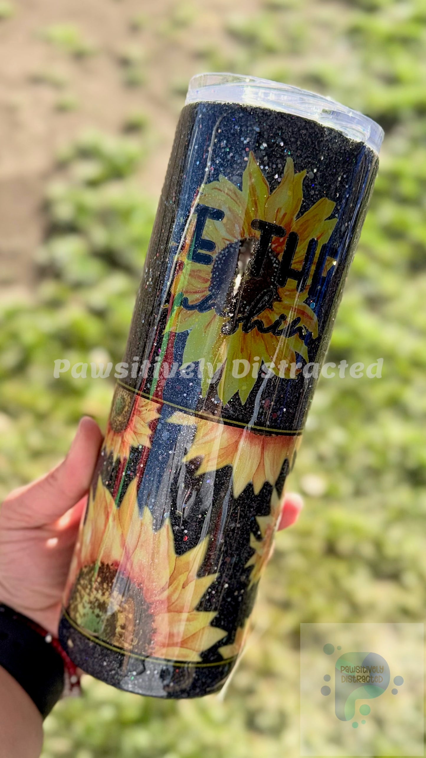 Black Glittered 20oz Tumbler with Sunflowers