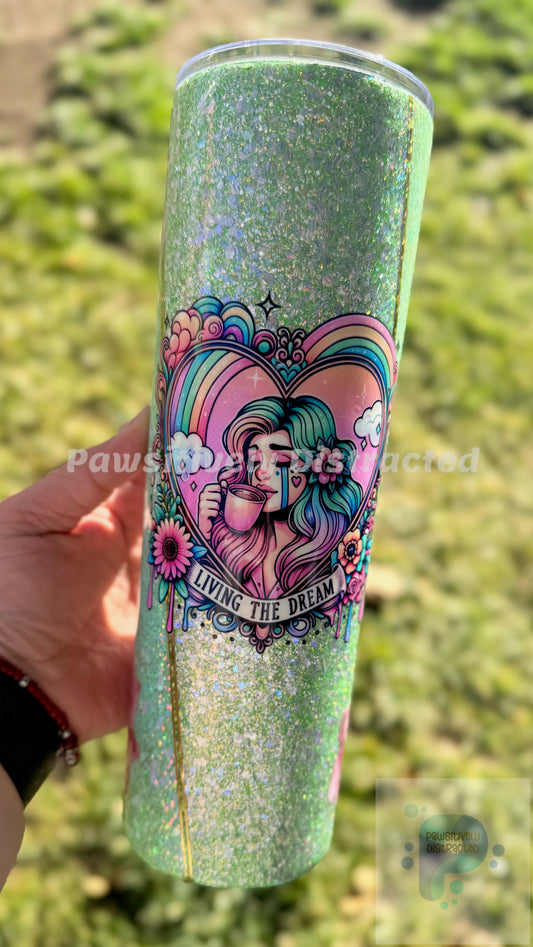Green glitter, mix media flowers, “Living the Dream” decal 30oz Tumbler
