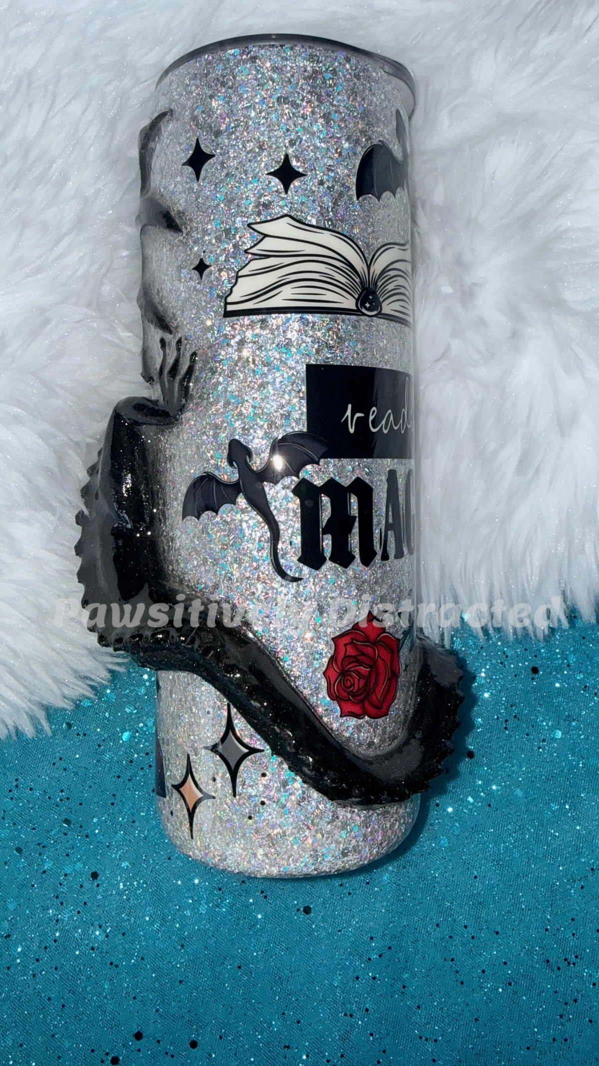 Silver glitter tumbler, 3d dragon, “reading is magical” decal and many other book related decals, 20oz Tumbler