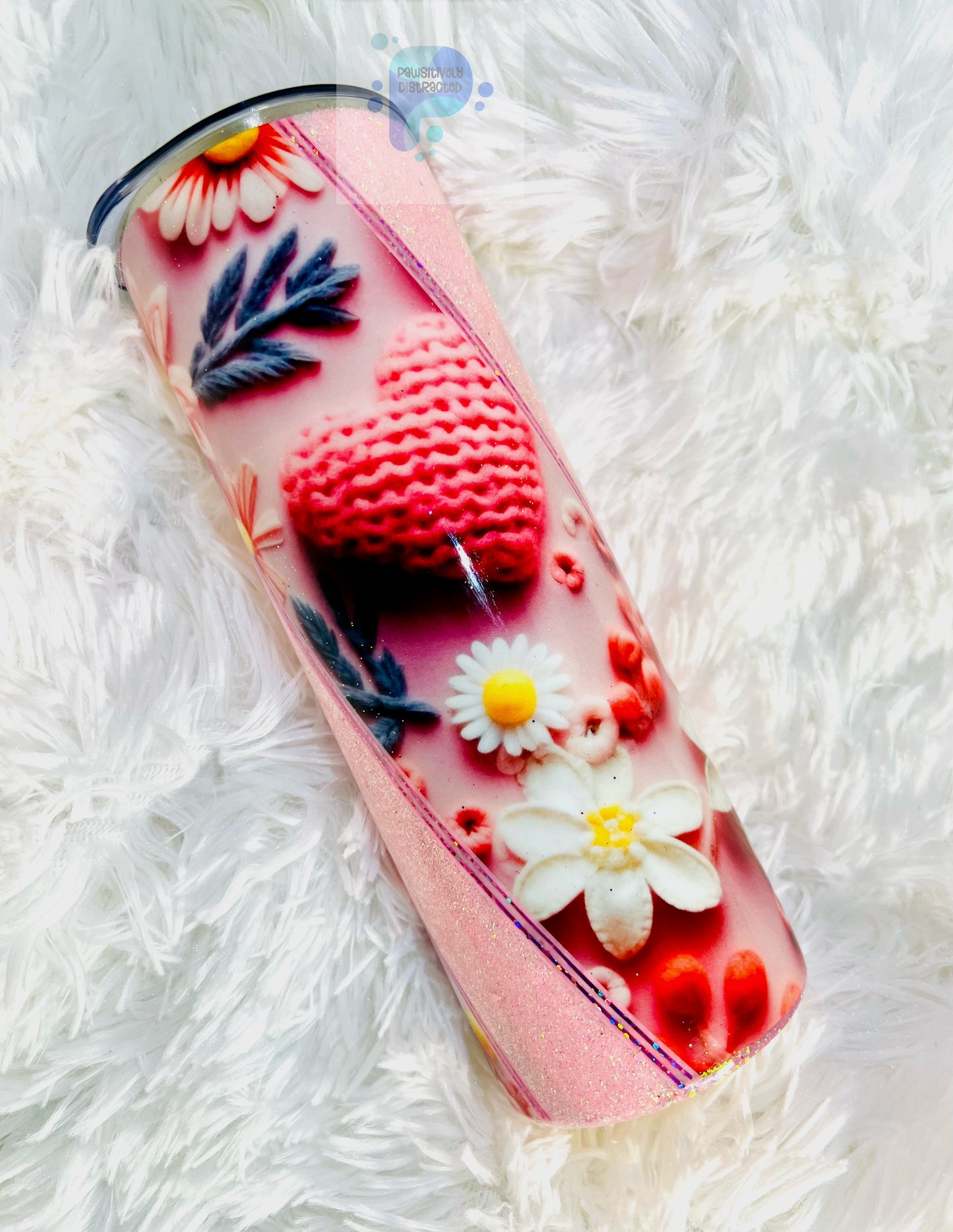 Hearts and Flowers with White and Pink Glitter 20oz Tumbler