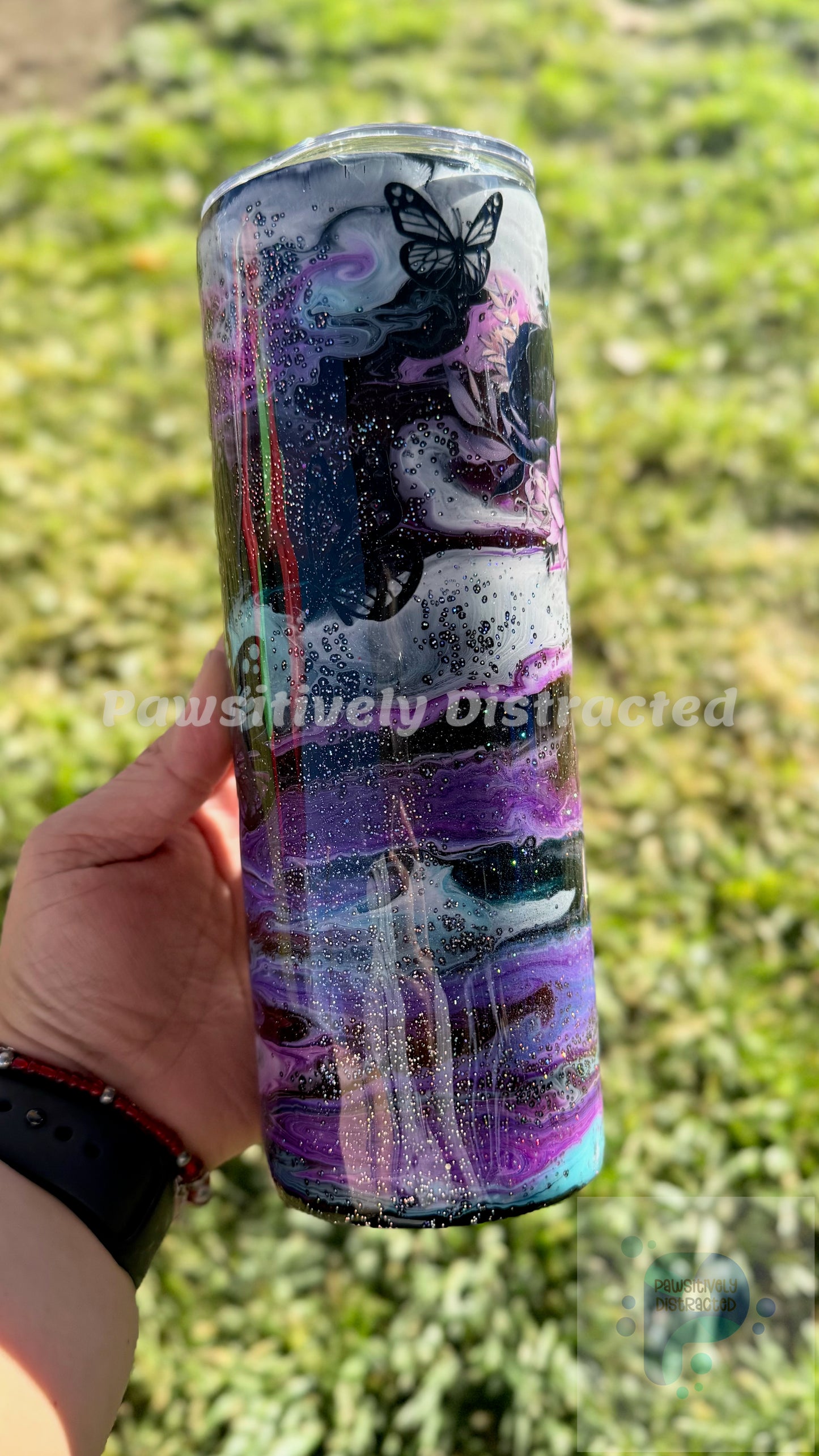 Alcohol Ink Swirl with Flowers and Butterflies 20oz Tumbler