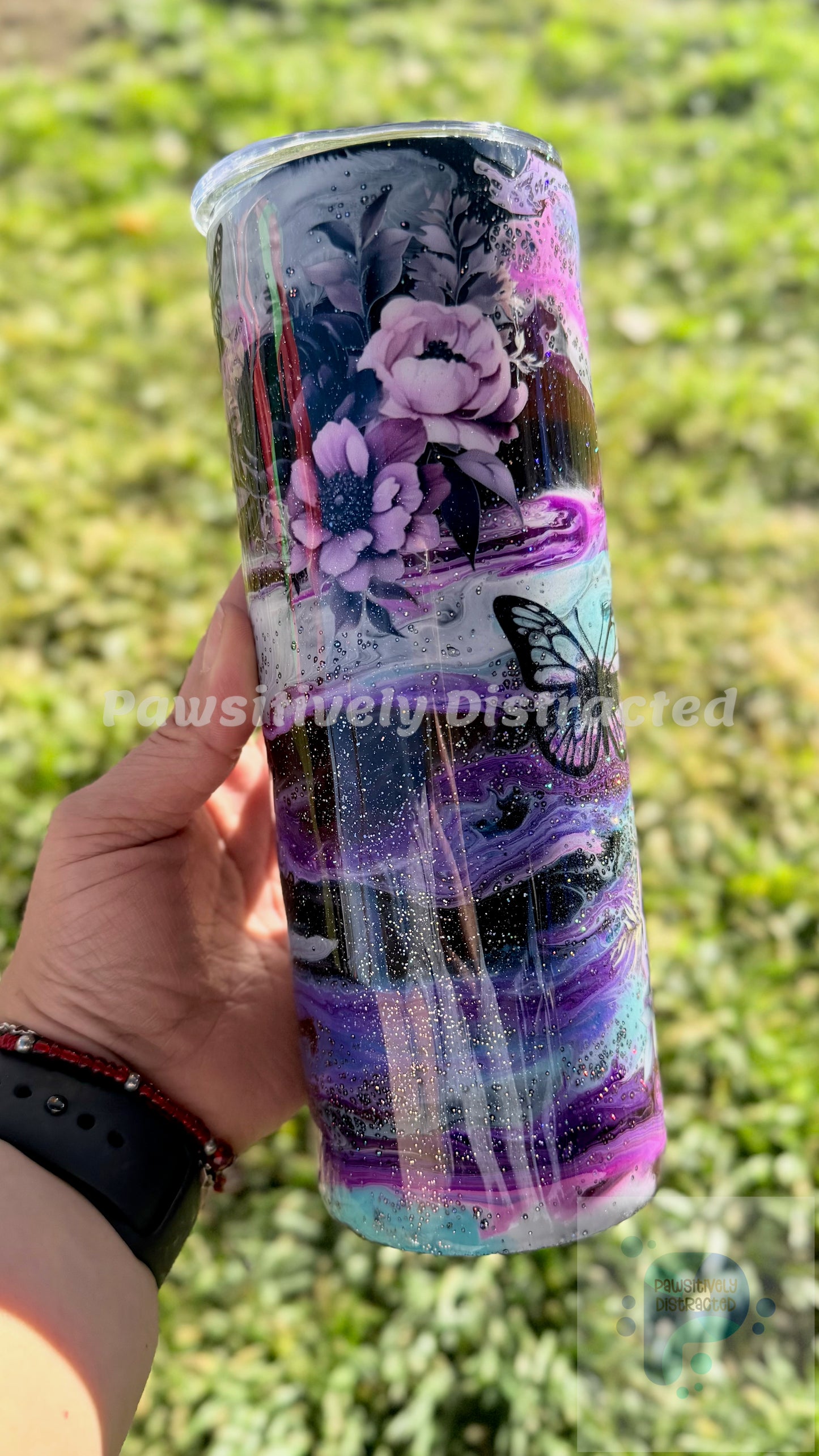 Alcohol Ink Swirl with Flowers and Butterflies 20oz Tumbler