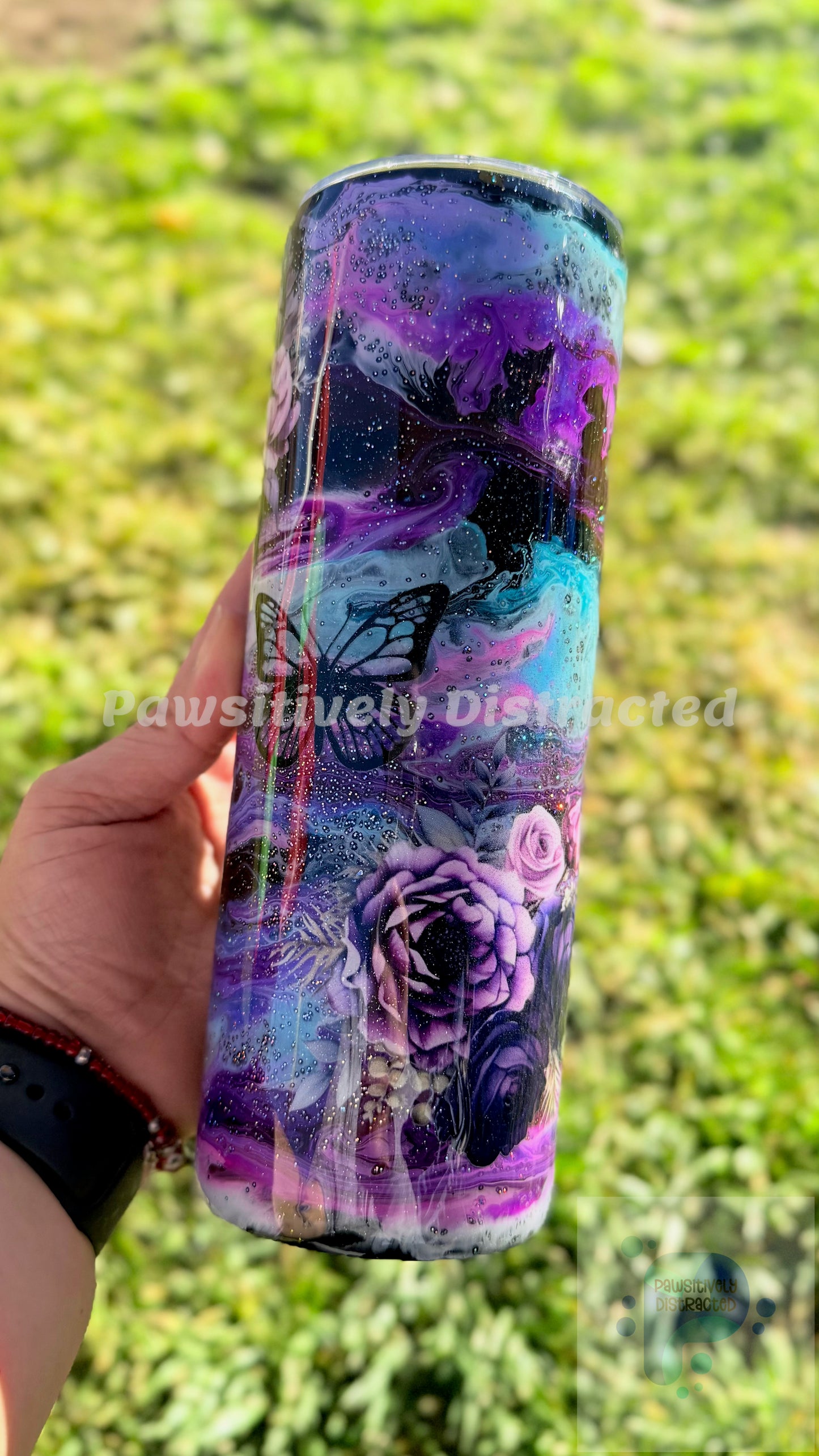 Alcohol Ink Swirl with Flowers and Butterflies 20oz Tumbler